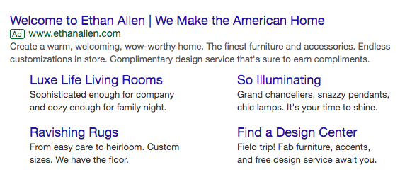 screenshot of SEM ads with SiteLinks 1
